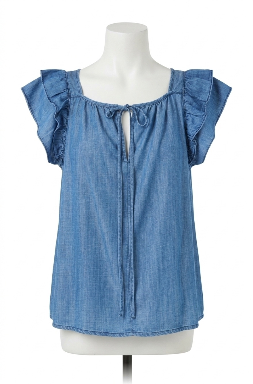NEW CURRENT AIR flutter sleeve keyhole back top in chambray